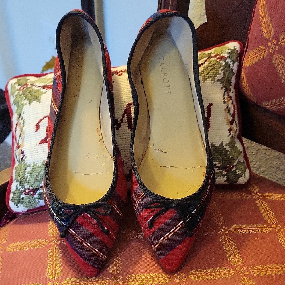 Talbots Women's Red and Black Plaid Flats With Bow 9.5M